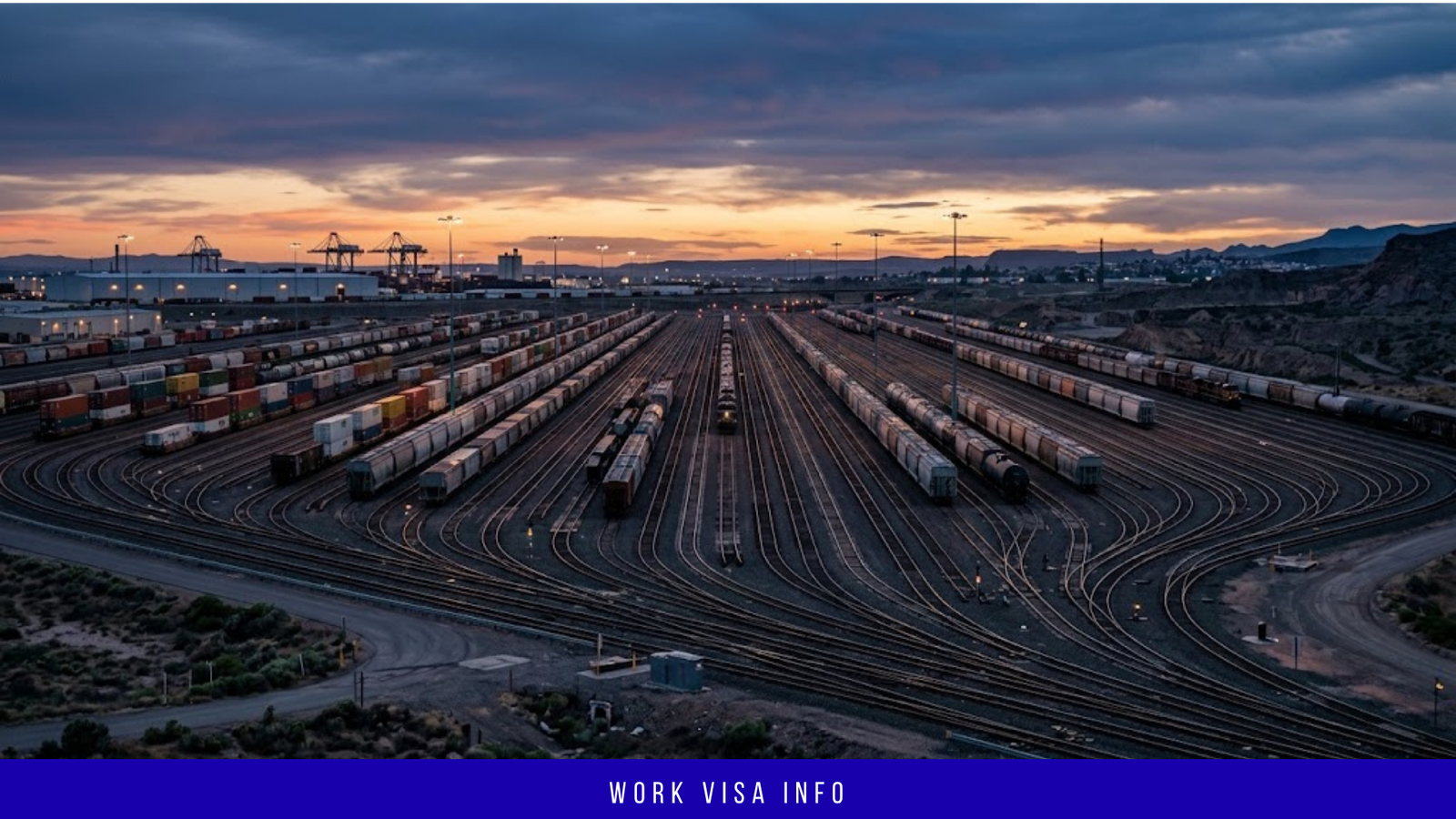 Freight rail yard with rows of train cars at dusk