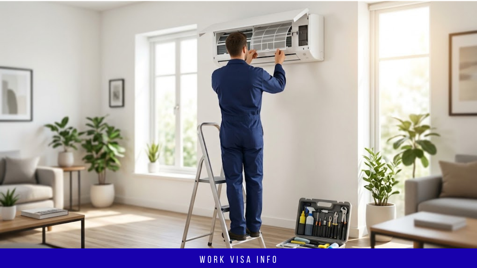 AC cleaning technician servicing an indoor split air conditioner on a stepladder