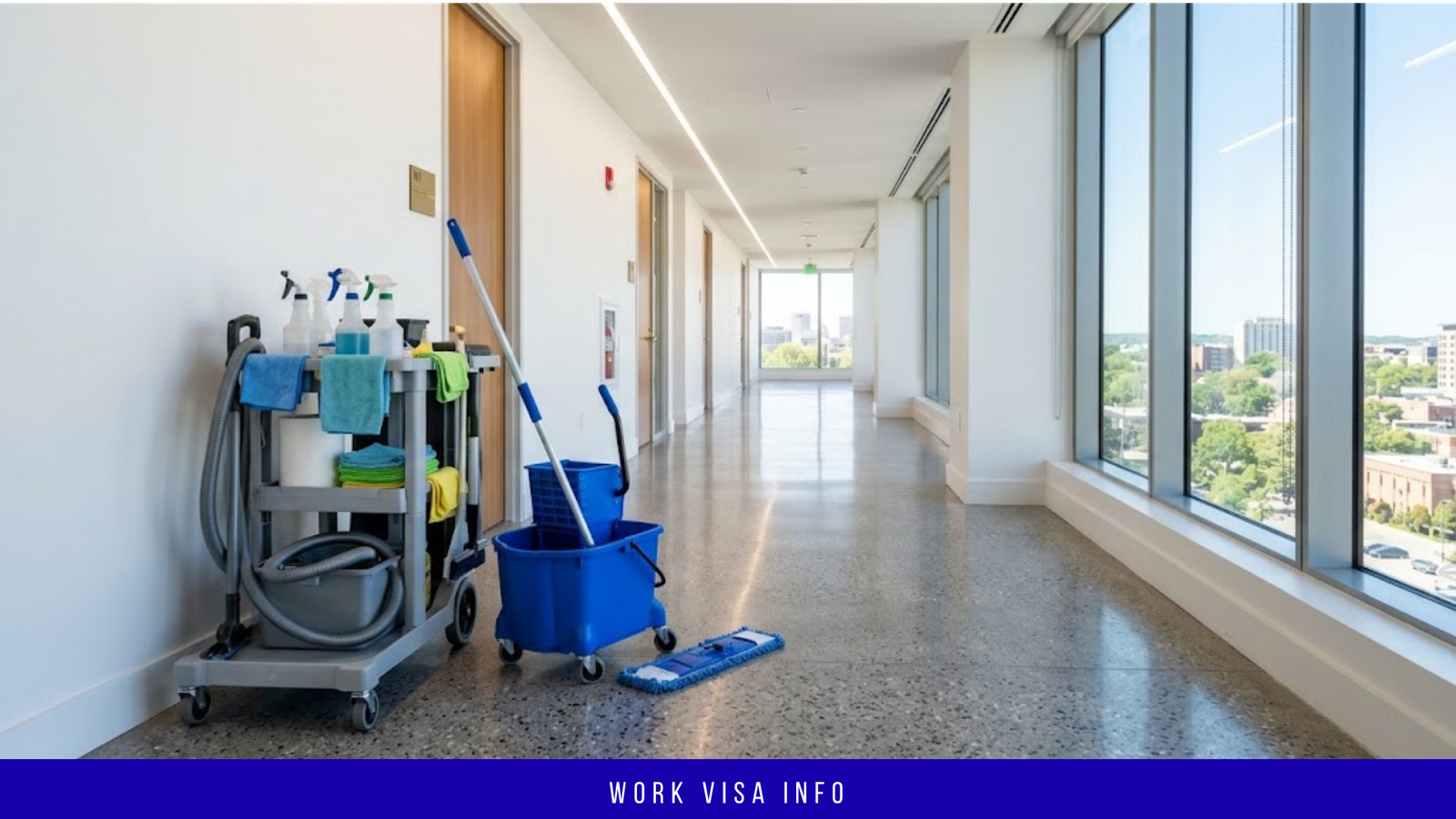 Cleaning trolley and mop bucket in a bright office corridor