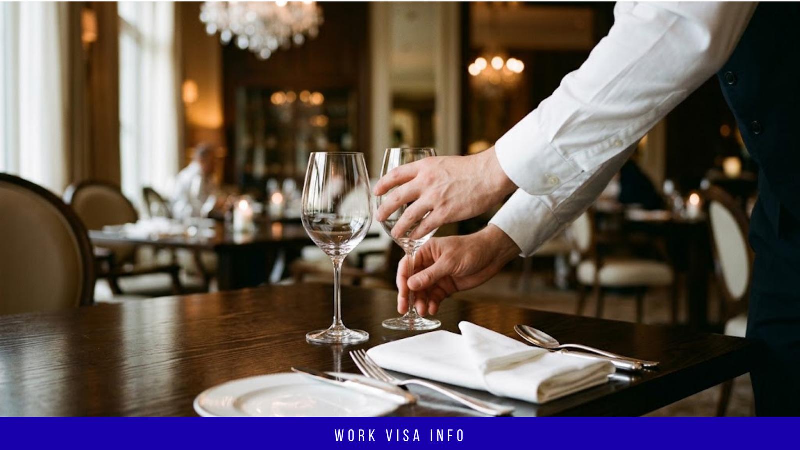 Waiter setting a fine-dining table with glassware and napkins in a hotel restaurant