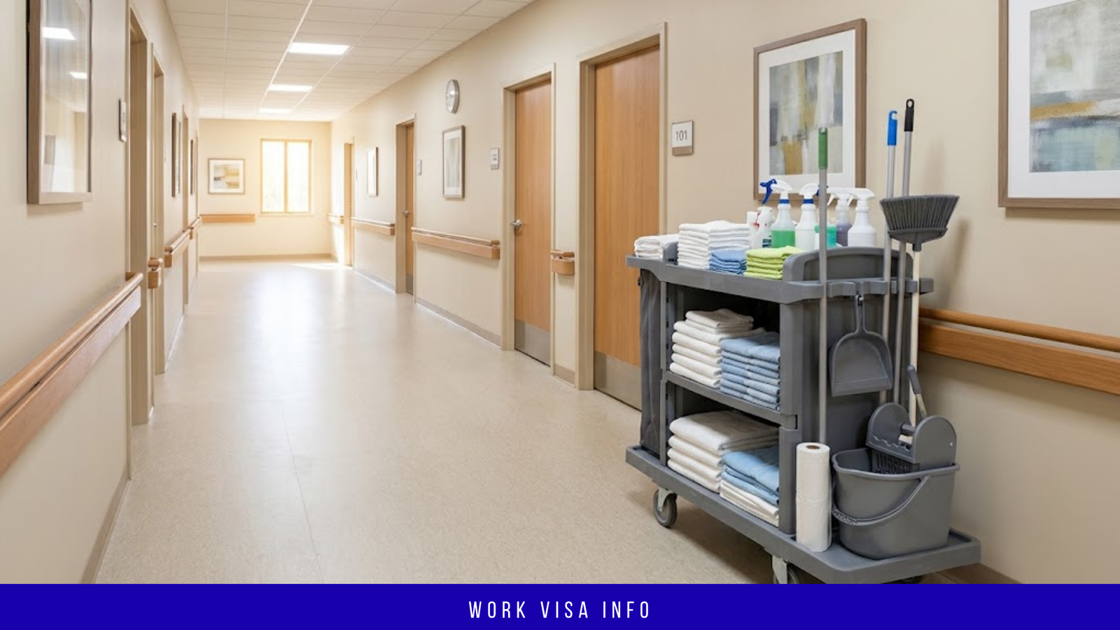 Housekeeping cart with folded linens in a clean care facility corridor