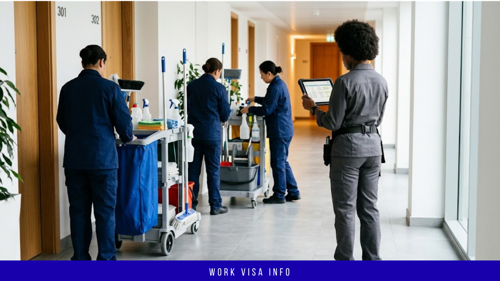 Cleaning operations supervisor reviewing a staff schedule on a tablet with a team in the background