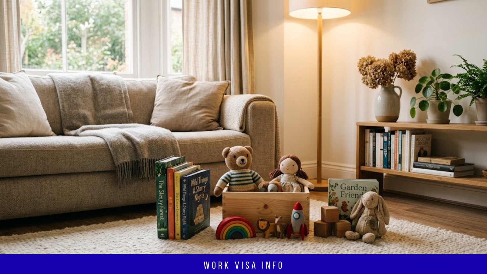 Children’s books and toys on a living room rug, representing live-in nanny childcare work