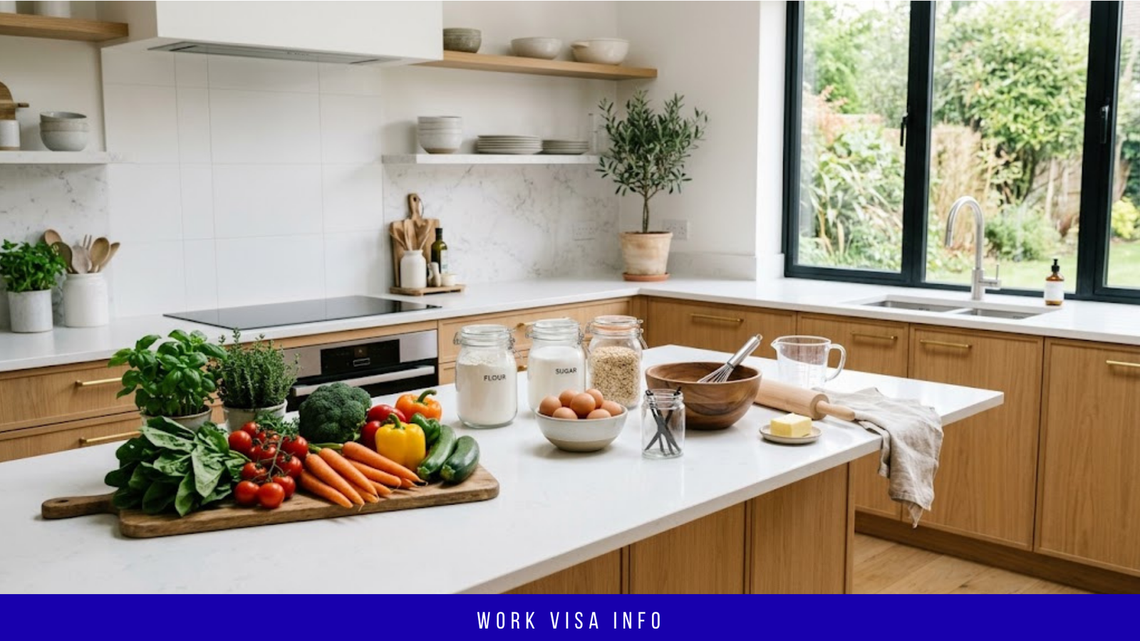 Villa kitchen counter with fresh ingredients, representing a live-in household helper and cooking role