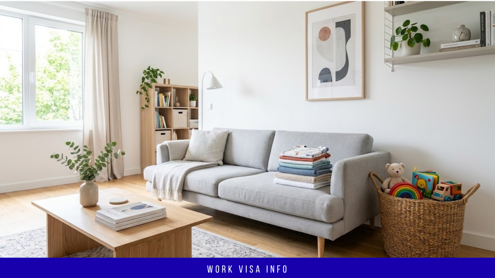 Tidy apartment living room with folded laundry and a basket of children’s toys